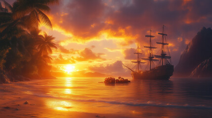 Obraz premium Sunset on the beach with pirate boat