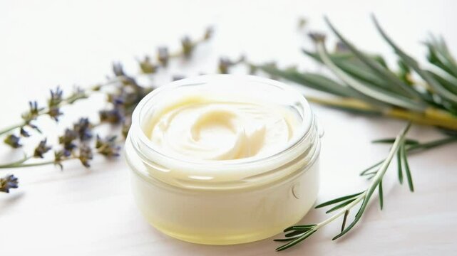 Open glass jar of natural moisturizing face cream surrounded by lavender and rosemary creating a relaxing spa like atmosphere promoting wellness and skincare