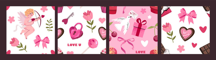 Seamless vector pattern for St. Valentine's Day. Cute hearts, sweets, cupid, gifts. Trendy print.  Design for wrapping paper, packaging, background, fabric, textile, home decor
