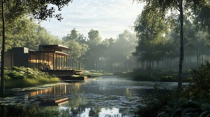 Obraz premium A serene lakeside view featuring a modern house surrounded by lush greenery and mist.