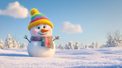 Obraz premium Funny snowman in knitted hat and yellow scalf with hands up on snowy field. Blue sky on background
