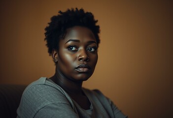 Solemn afro-American woman in a dimly lit room