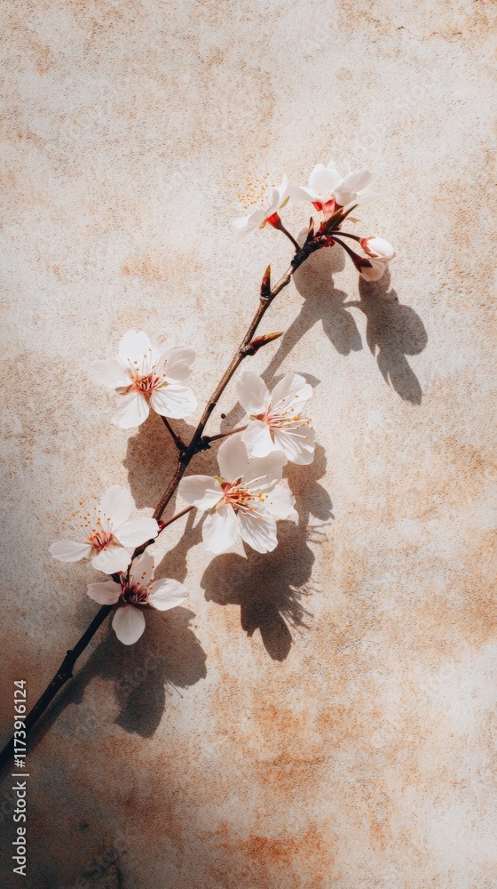 Poster Delicate cherry blossom branch casting a distinct shadow on a textured background, illuminated by natural sunlight, creating a serene spring composition