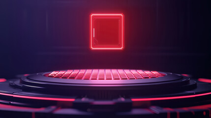 Futuristic digital display with glowing red elements and central cube