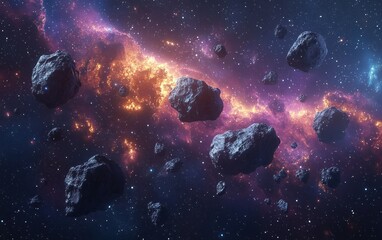 Cosmic Scene with Floating Asteroids in Vibrant Nebula Dramatic Lighting Textures Deep Space Exploration