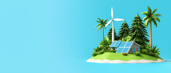 Obraz premium Eco friendly island with solar panels, wind turbine, and trees
