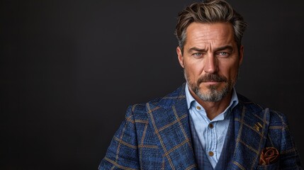 Fototapeta premium Portrait of a Mature Gentleman in a Stylish Blue Suit with a Distinguished Beard and Focused Expression Against a Dark Background, Exemplifying Confidence and Elegance