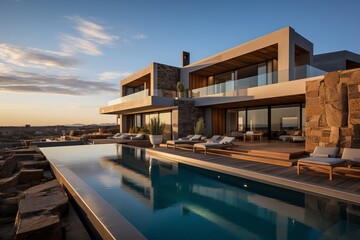 Fototapeta premium Modern villa overlooking serene landscape at sunset with infinity pool. Generative AI