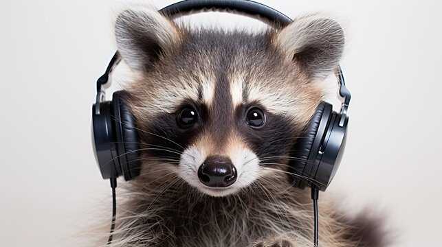 Raccoon enjoys music with oversized headphones in a cozy setting. Generative AI