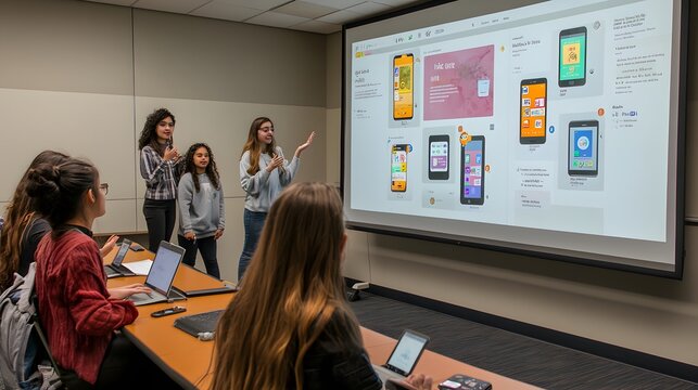 Female students present a mobile app design project on a large screen in a classroom.