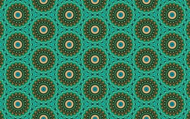 Vibrant geometric floral pattern with intricate mandala design in turquoise and orange