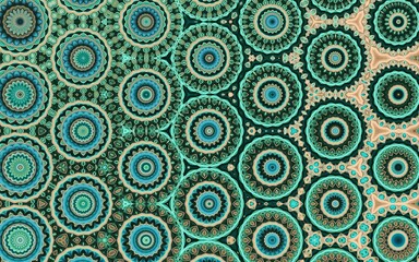 Intricate geometric pattern with vibrant circular designs in teal and beige