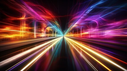 Obraz premium Vibrant light trails illuminate a surreal tunnel of color in motion. Generative AI