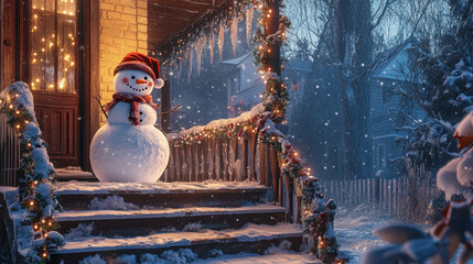 Fototapeta premium Decorative snowman on the porch steps on a winter day
