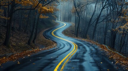 Fototapeta premium Winding road through autumn forest, misty, wet.