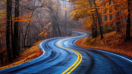 Winding road through autumn forest, wet asphalt, yellow lines, fog.