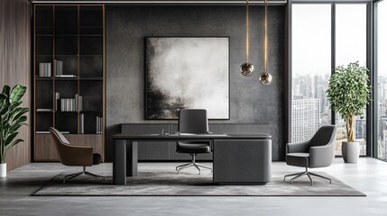 Sleek and Modern Workspace and modern wall art, copy space