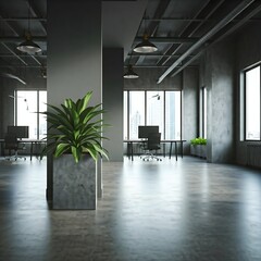 A softly blurred background showcasing an empty, modern office space with clean lines, sleek furnishings, and a professional, contemporary design aesthetic