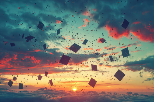 Graduation caps soaring into the sky during a celebration at sunset