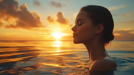 Fototapeta premium Serene Portrait of a Young Woman Relaxing in a Pool at Sunset, Capturing the Luxury and Beauty of a Tropical Paradise Retreat