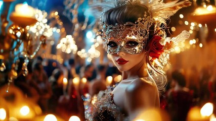 Elegant woman in a carnival Venetian mask at a glamorous masquerade ball, surrounded by candlelight. Mysterious masked woman in an opulent ballroom. - Powered by Adobe