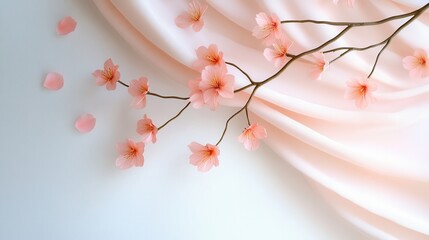 Fototapeta premium Pink curtain with floral patterns surrounded by cherry blossom petals