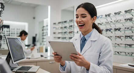 female optometrist with long dark hair in a ponytail laughs joyfully while holding a digital tablet. 