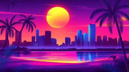 Fototapeta premium Vibrant Urban Skyline at Night with High Contrast Colors