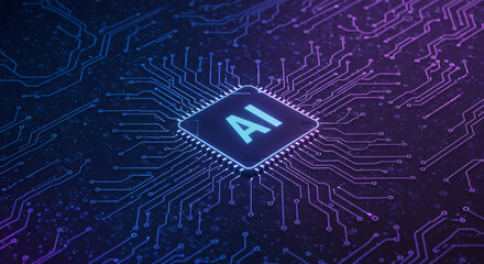 electronic circuit board with AI processor - Close-up of a computer chip with "AI" illuminated in green, overlaid on a complex circuit board pattern. Represents artificial intelligence technology.