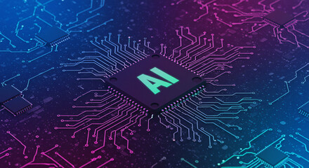 electronic circuit board with AI processor - Close-up of a computer chip with "AI" illuminated in green, overlaid on a complex circuit board pattern. Represents artificial intelligence technology.