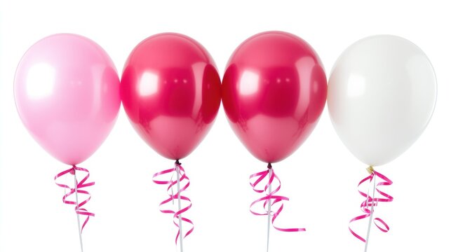 Four colorful balloons with ribbons isolated on a white background. Perfect for party invitations, greeting cards, or website banners celebrating birthdays or festive events.