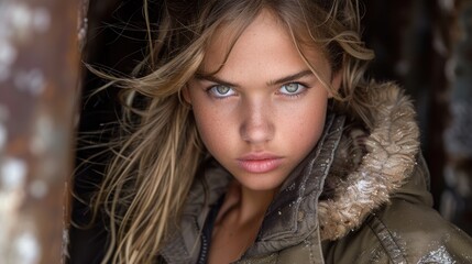 Naklejka premium Young woman in a rugged outdoor setting, gazing intently into the camera with a determined expression, wearing a fur-lined jacket, amidst a blurred, textured background of muted colors