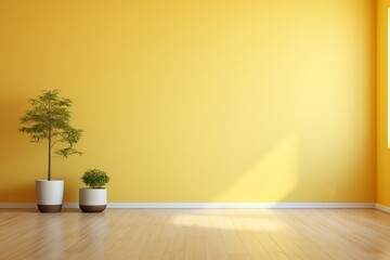 Bright yellow wall with greenery brings joy to a minimalistic room design. Generative AI