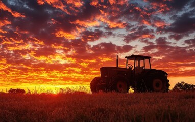 Fototapeta premium Fiery Sunset over Farmland with Tractor Silhouette