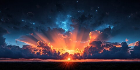 Naklejka premium Stunning Sunset Over Lush Mountain Landscape Illuminated by Radiant Sky and Majestic Clouds, Capturing the Sublime Beauty of Nature in a Moment of Tranquil Splendor