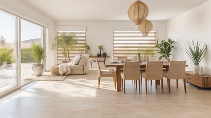Fototapeta premium Modern and airy living space with natural light and greenery in a cozy home. Generative AI