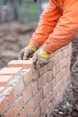 Installing brick wall Construction worker in uniform lays bricks building a wall