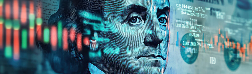 Close-up of a US dollar bill with stock market charts and digital identity symbols.