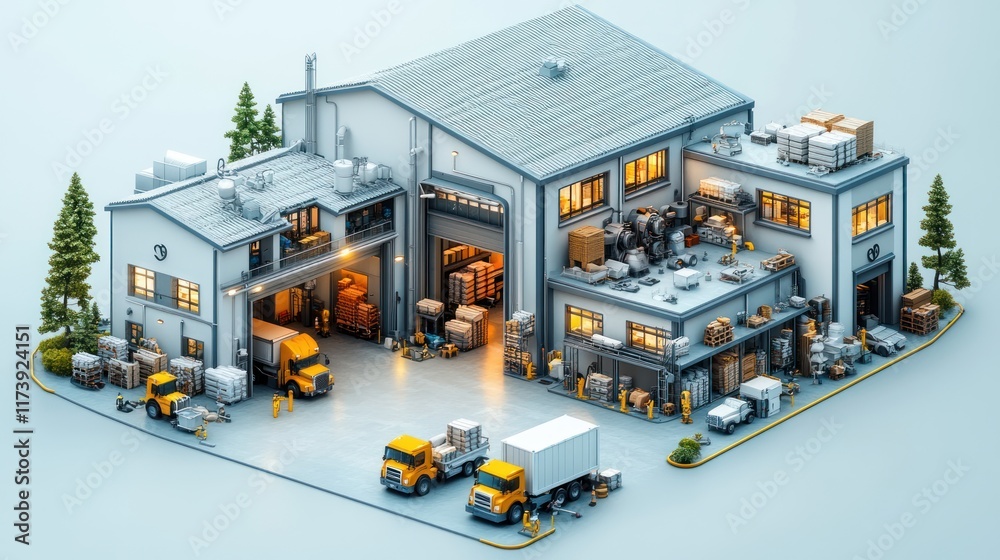 Poster Isometric Illustration of Modern Warehouse Management System for Efficient Inventory Control with IoT Technology