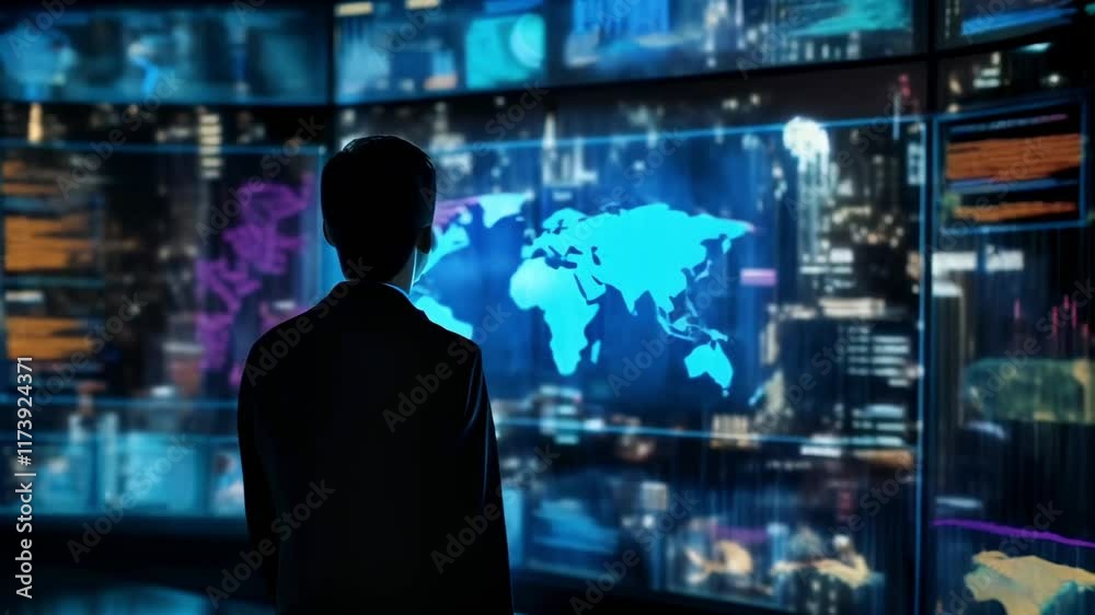 Poster businessman is analyzing global business data displayed on a wall of interconnected screens, showcas