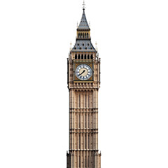 The huge Big Ben tower rises against a white background