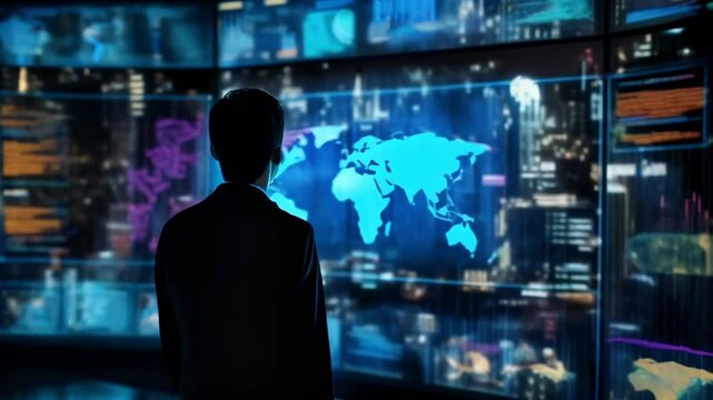 Businessman is analyzing global business data displayed on a wall of interconnected screens, showcasing a world map, charts, graphs, and code, in a dark, high tech environment