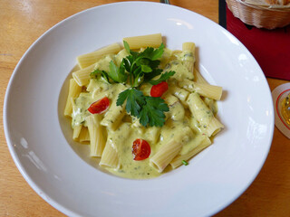 Rigatoni pasta with broccoli cream sauce in Germany.