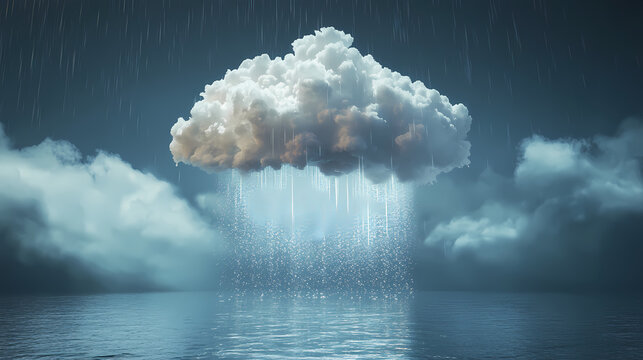 Forced perspective playful cloud pouring water in flooding rainfall downpour scene. cloudburst. illustration. Rainfall. Illustration