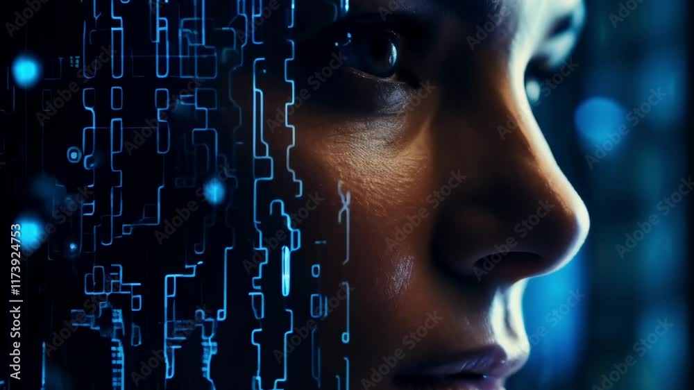 Aufkleber Woman's face partially merges with glowing digital circuits and data streams. Representing the futuristic concept of human machine integration and the blurring lines between biology and technology