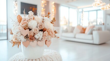 Elegant blush roses bouquet, hearts, modern home decor