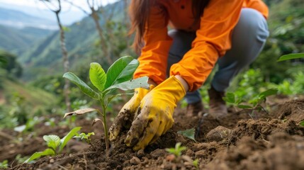 Woman planting a young tree sapling in rich soil on a hillside.