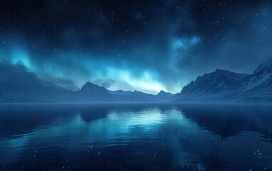 Naklejka premium Night Serenity: Aurora Borealis over a Tranquil Lake and Majestic Mountains