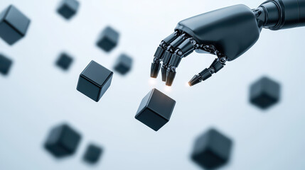 robotic hand interacts with floating black cubes in minimalist design