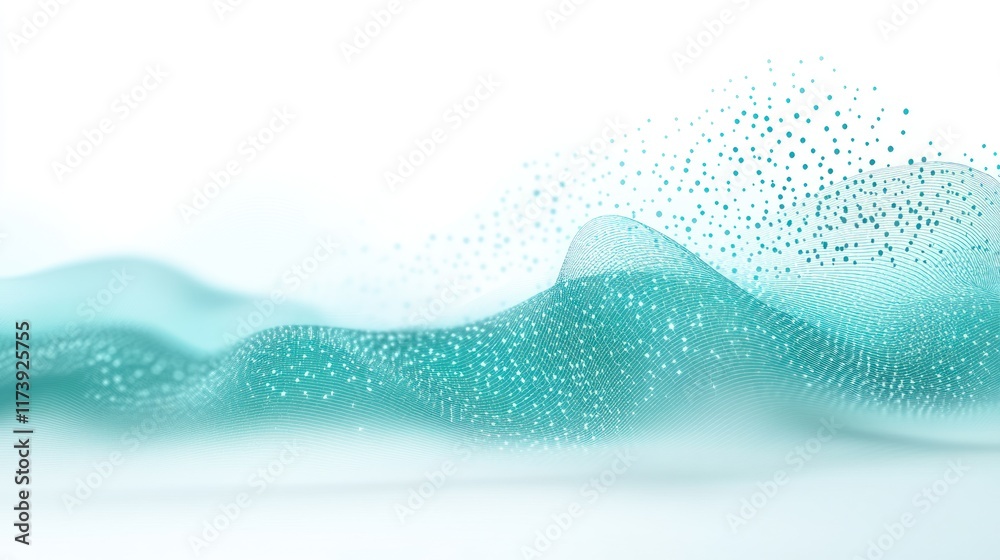 Poster abstract turquoise wave pattern with particles on white background. ideal for tech presentations or 